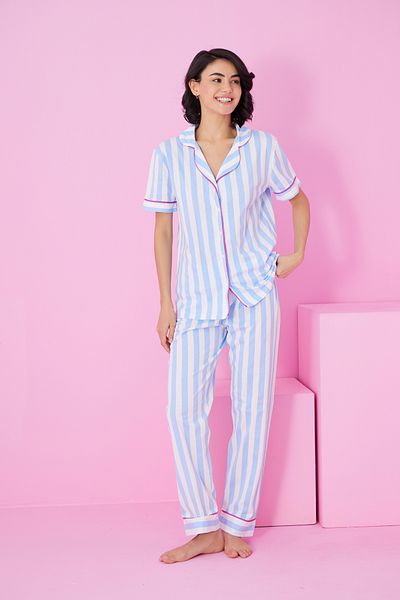 Siyah İnci Linie albă albastră cu model cu mânecă scurtă, cu nasturi, costum de pijama7855