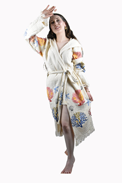 FACCİ رداء حمام قطني من الموسلين المرجاني مع شرابات من القطن الموسلين للحمام