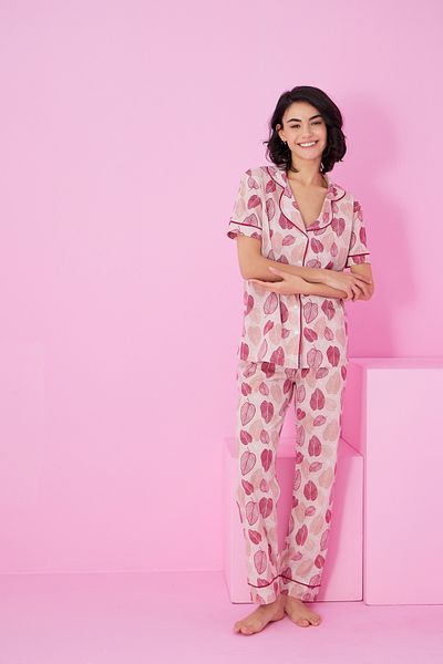 Siyah İnci Cherry Leaf Patterned Short Sleeve Buttoned Pajama Set7856