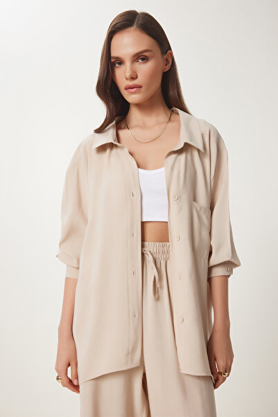 Lovelyİstanbul Oversize Modal Shirt Pants Set Bej Ldp0038