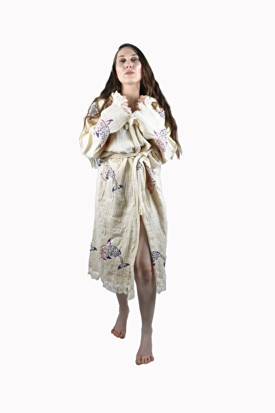 FACCİ Yunus Muslin Peshtemal Cotton Bathrobe Tasseled Dressing Gown Cotton Muslin Hammam Dressing Gown