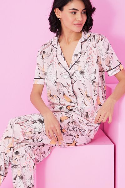 Siyah İnci Pink Floral Patterned Short Sleeve Buttoned Pajama Suit7855