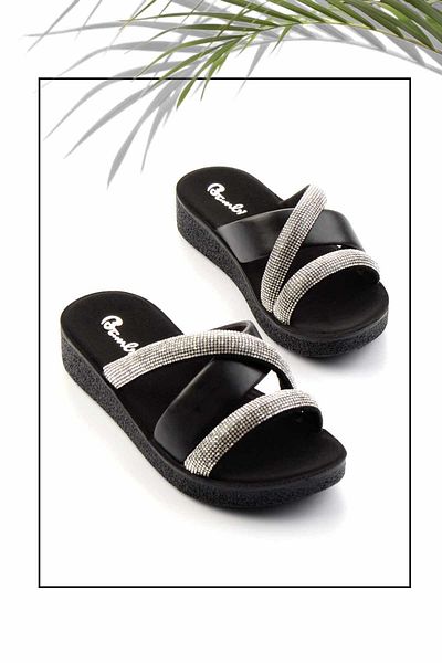 Bambi Black Lame Women's Slippers K 04496720409