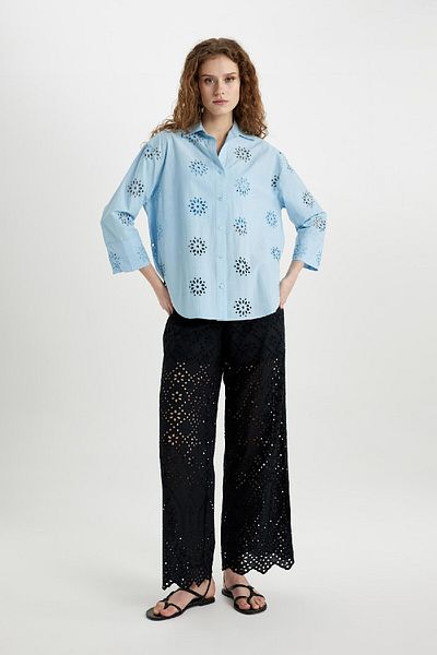 DeFacto High Waist Brode Perforated Wide Leg Pants - Long Length with Pockets C0320Ax24Sm