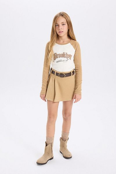 DeFacto Girl's Elastic Waist Pleated Belted Shorts Skirt D2919A824Wn