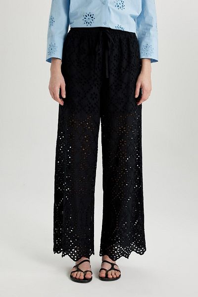 DeFacto High Waist Brode Perforated Wide Leg Pants - Long Length with Pockets C0320Ax24Sm
