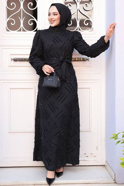 N.S NEVA STYLE Patterned Black Hijab Dress 5298S