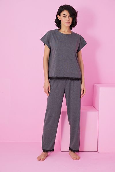 Siyah İnci Anthracite Lace Detailed Crew Neck Knitted Pajama Set