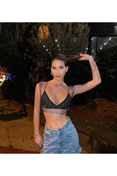 LEVABOUTIQUE Taş Detaylı File Büstiyer Işıltılı Gece ve Parti Üstü Taşlı File...