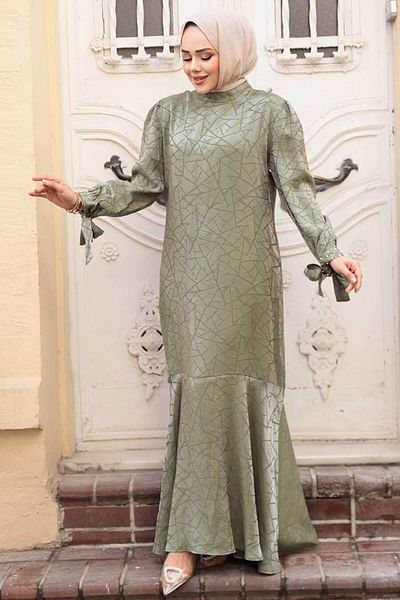 N.S NEVA STYLE Φόρεμα με σχέδιο Çağla Green Hijab Satin 4457CY