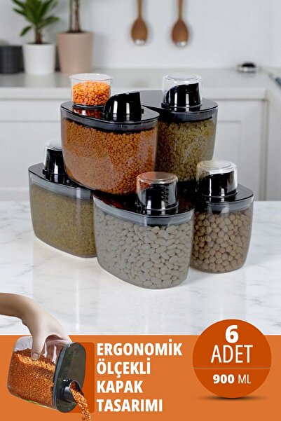 İronika 6'lı Silikon Kapaklı Ölçülü Saklama Erzak Bakliyat Kabı Kutusu Seti 9...