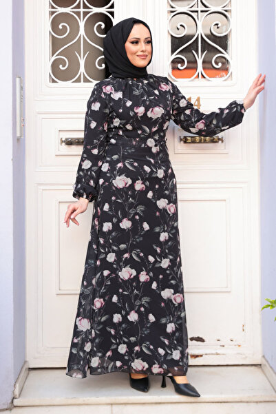 N.S NEVA STYLE Floral Patterned Black Hijab Dress 279921 S