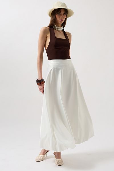 Black Fashion Satin Balloon Detail Midi White Skirt