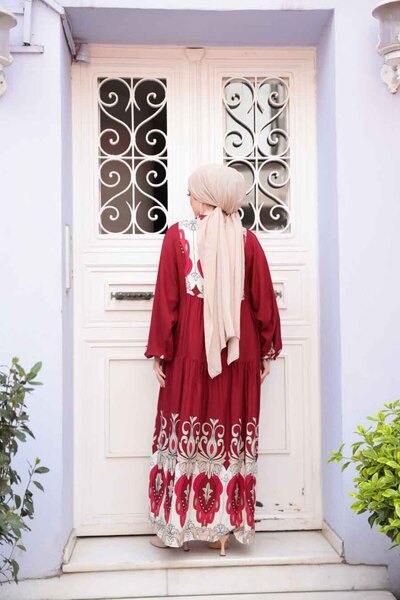 N.S NEVA STYLE Patterned Burgundy Hijab Dress 32162Br