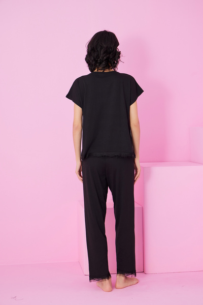 Siyah İnci Set de pijamale tricotate cu detaliu din dantelă neagră