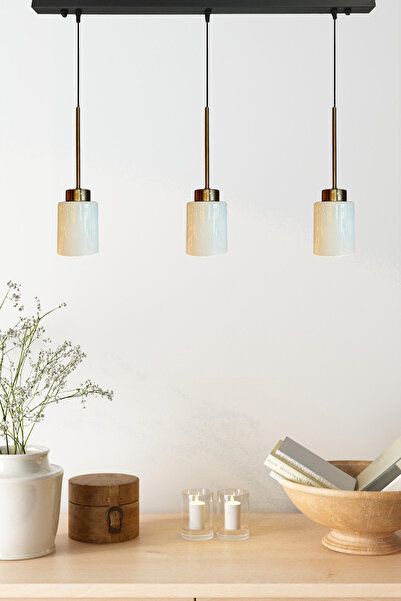 Bamyum Tiny Beyaz Cam Üçlü Avize İnce Eskitme Başlık Retro Sarkıt Lamba Restoran Salon Aydınlatma