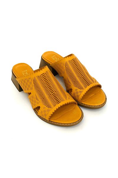 Lizizu Papuci de damă eleganti din piele naturală tăiată cu laser portocaliu cu toc gros