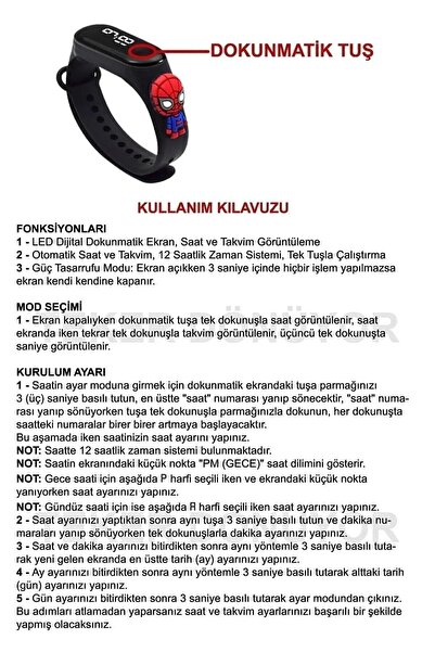 ZAVİRA Çocuk Kol Saati Led Dokunmatik Su Geçirmez Örümcek adam spider man MAVİ