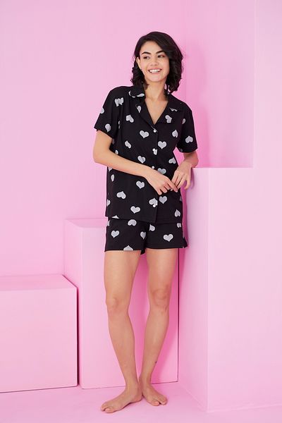 Siyah İnci Black and White Heart Printed Shirt Collar Buttoned Knitted Shorts Set