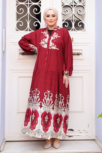 N.S NEVA STYLE Patterned Burgundy Hijab Dress 32162Br