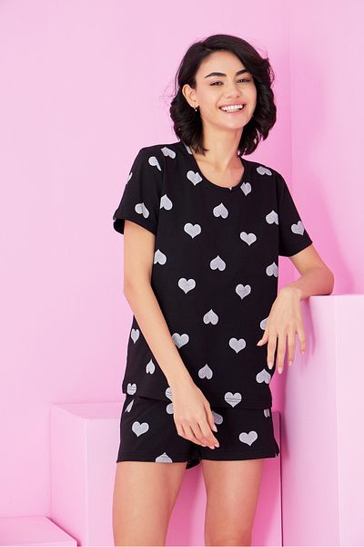 Siyah İnci Black and White Heart Printed Crew Neck Knitted Shorts Set