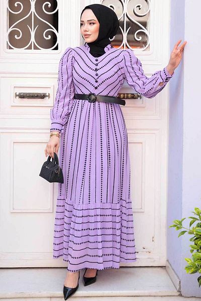 N.S NEVA STYLE Φόρεμα Hijab με λιλά σχέδιο 43534