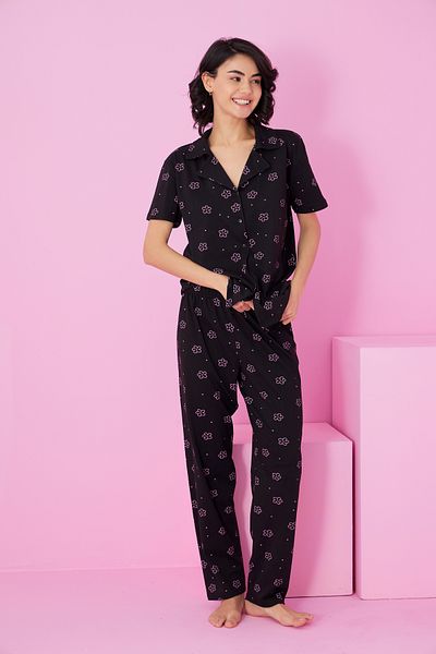 Siyah İnci black pink floral print Shirt Collar Buttoned Knitted Pajama Set