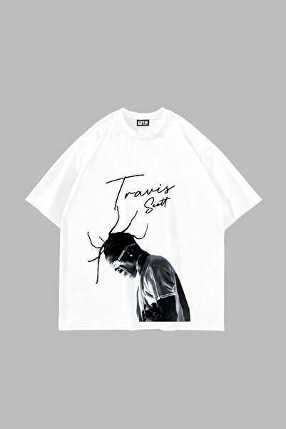 Bak Moda Tricou alb unisex oversize cu imprimeu Travis Scott