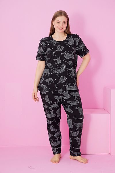 Siyah İnci Black and White Tiger Leopard Printed Large Size Oversize Crew Neck Knitted Pajama Set