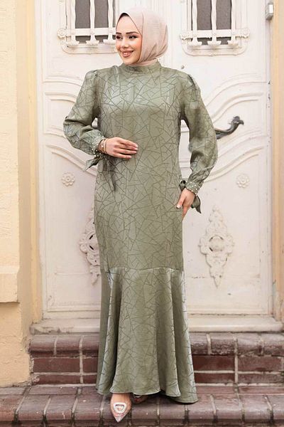 N.S NEVA STYLE Φόρεμα με σχέδιο Çağla Green Hijab Satin 4457CY