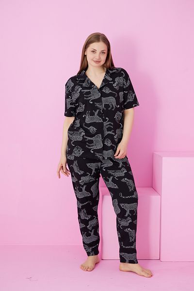 Siyah İnci Black and White Tiger Leopard Printed Large Size Oversized Buttoned Knitted Pajama Set