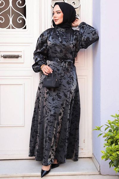 N.S NEVA STYLE Φόρεμα με σχέδιο Anthracite Hijab Satin 52921ANT