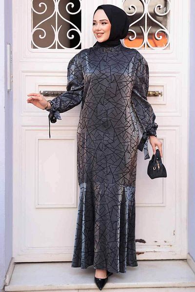N.S NEVA STYLE Φόρεμα με σχέδιο Anthracite Hijab Satin 4457ANT