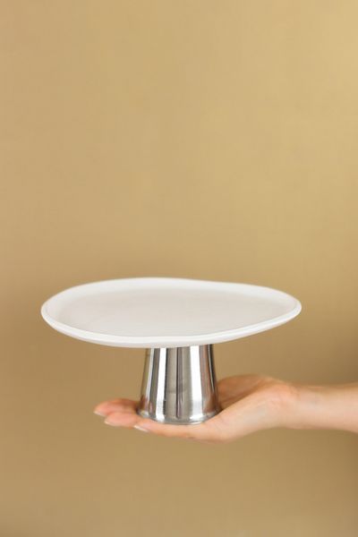 Beige & Stone Steel High Leg 23 cm Ceramic White Round Service/Presentation Plate Stand