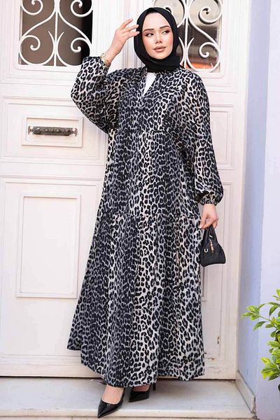 N.S NEVA STYLE Φόρεμα Hijab Γκρι με σχέδιο Leopard 52942GR