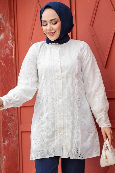 N.S NEVA STYLE Guipure White Hijab Tunic 20012B