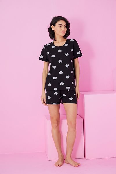Siyah İnci Black and White Heart Printed Crew Neck Knitted Shorts Set