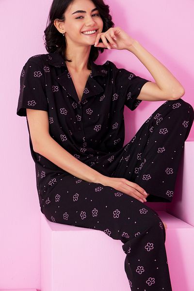Siyah İnci black pink floral print Shirt Collar Buttoned Knitted Pajama Set