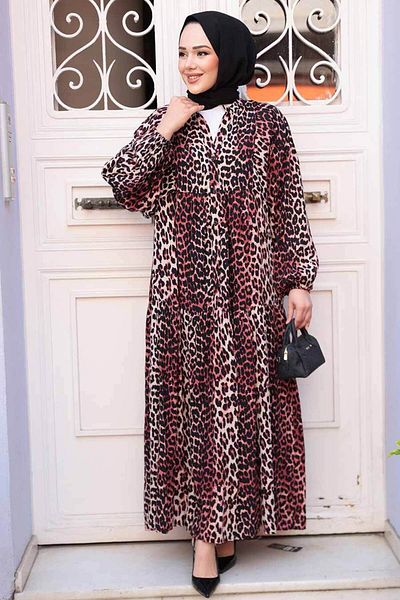 N.S NEVA STYLE Leopard Patterned Burgundy Hijab Dress 52942Br