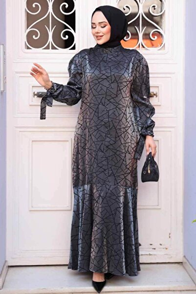 N.S NEVA STYLE Patterned Anthracite Hijab Satin Dress 4457Ant