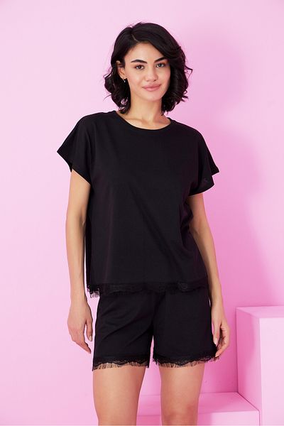 Siyah İnci Set pantaloni scurți tricotați cu detaliu din dantelă neagră