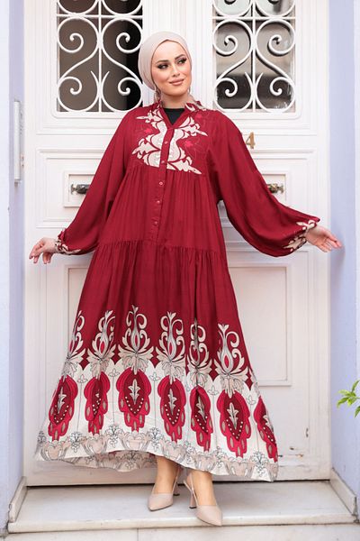 N.S NEVA STYLE Patterned Burgundy Hijab Dress 32162Br