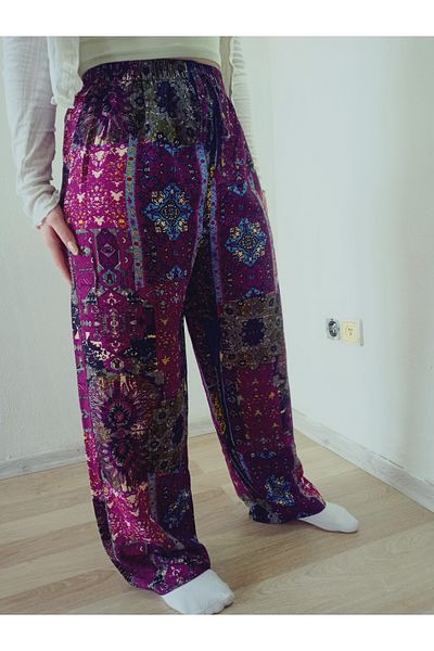 hoaryage Ethnic Patterned 100% Cotton Viscose Pants with Elastic Waist
