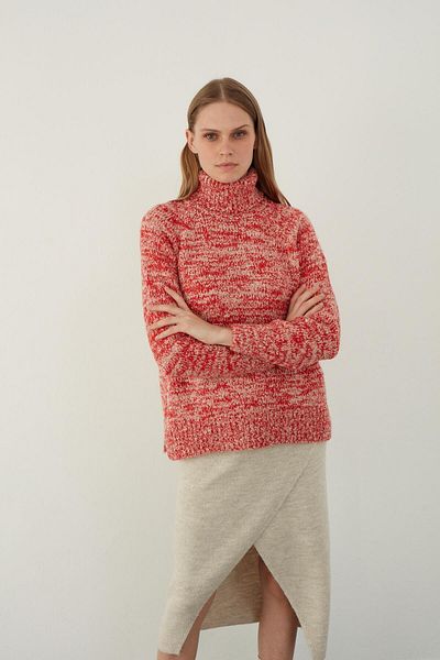 SHERIN Red Melted Textured Turtleneck Basic Knitwear Sweater
