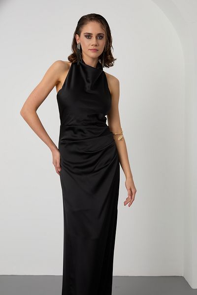 Lafaba Women's Black Backless Long Satin Evening Dress