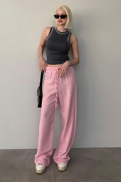 Madmext Pantaloni de damă din muselină cu picioare largi roz MG1980