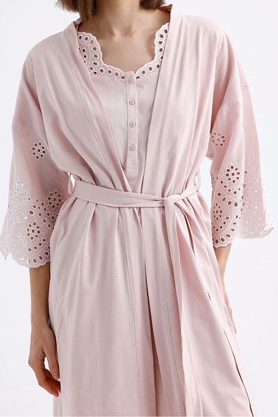 Magic Form Embroidery Detailed Combed Cotton Maternity Dressing Gown-Nightgown Set