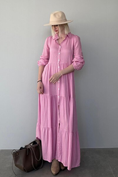 Madmext Pembe Çizgili Düğmeli Uzun Elbise MG2392