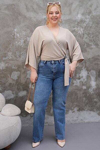 Siyezen Plus Size Bat Sleeve Double Breasted Blouse with Binding Detail