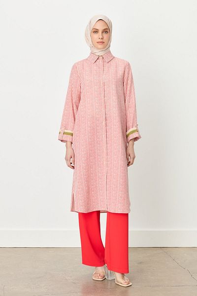 Nihan Shirt Collar Striped Tunic Coral